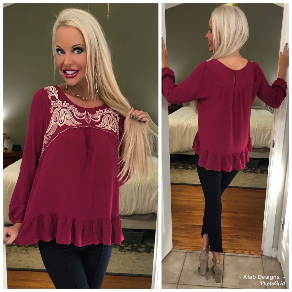 💕LAST 1! Magenta Ruffle Detail Embroidered Top! - Picture 2 of 3